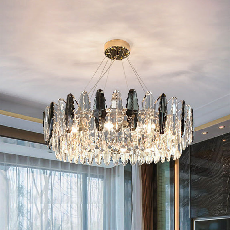 Drum Pendant Ceiling Light Modernist Smoke Grey Crystal Living Room Chandelier Lamp Clearhalo 'Ceiling Lights' 'Chandeliers' 'Modern Chandeliers' 'Modern' Lighting' 2546914