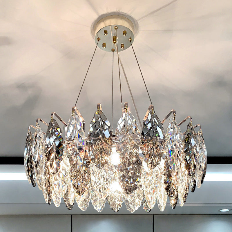 Drum Pendant Ceiling Light Modernist Smoke Grey Crystal Living Room Chandelier Lamp Smoke Gray 23.5" Leaf Clearhalo 'Ceiling Lights' 'Chandeliers' 'Modern Chandeliers' 'Modern' Lighting' 2546916