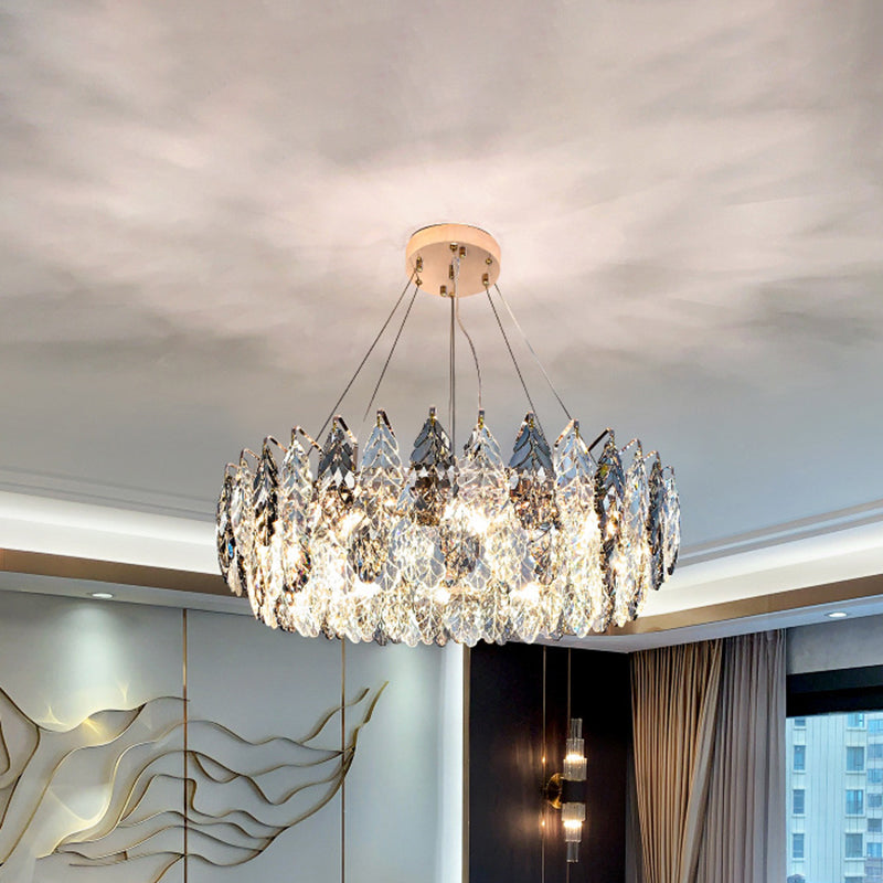 Drum Pendant Ceiling Light Modernist Smoke Grey Crystal Living Room Chandelier Lamp Smoke Gray 31.5" Leaf Clearhalo 'Ceiling Lights' 'Chandeliers' 'Modern Chandeliers' 'Modern' Lighting' 2546917