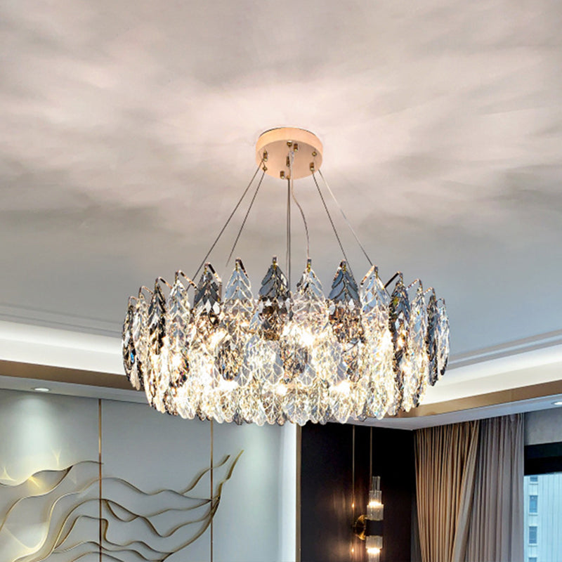 Drum Pendant Ceiling Light Modernist Smoke Grey Crystal Living Room Chandelier Lamp Smoke Gray 39.5" Leaf Clearhalo 'Ceiling Lights' 'Chandeliers' 'Modern Chandeliers' 'Modern' Lighting' 2546920