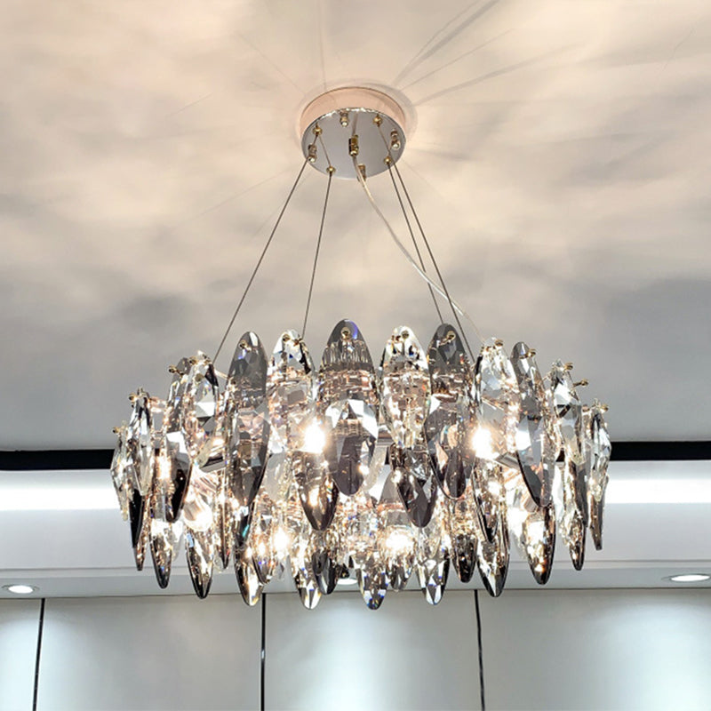 Drum Pendant Ceiling Light Modernist Smoke Grey Crystal Living Room Chandelier Lamp Smoke Gray 23.5" Oval Clearhalo 'Ceiling Lights' 'Chandeliers' 'Modern Chandeliers' 'Modern' Lighting' 2546923