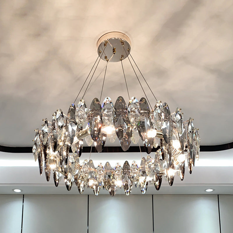 Drum Pendant Ceiling Light Modernist Smoke Grey Crystal Living Room Chandelier Lamp Smoke Gray 31.5" Oval Clearhalo 'Ceiling Lights' 'Chandeliers' 'Modern Chandeliers' 'Modern' Lighting' 2546924