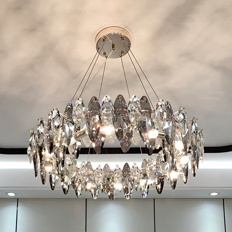 Drum Pendant Ceiling Light Modernist Smoke Grey Crystal Living Room Chandelier Lamp Smoke Gray 39.5" Oval Clearhalo 'Ceiling Lights' 'Chandeliers' 'Modern Chandeliers' 'Modern' Lighting' 2546926