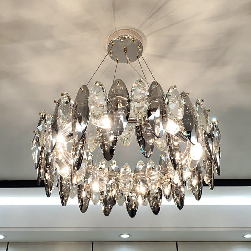 Drum Pendant Ceiling Light Modernist Smoke Grey Crystal Living Room Chandelier Lamp Clearhalo 'Ceiling Lights' 'Chandeliers' 'Modern Chandeliers' 'Modern' Lighting' 2546930