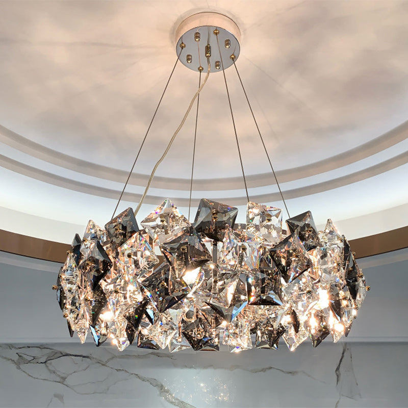 Drum Pendant Ceiling Light Modernist Smoke Grey Crystal Living Room Chandelier Lamp Clearhalo 'Ceiling Lights' 'Chandeliers' 'Modern Chandeliers' 'Modern' Lighting' 2546938