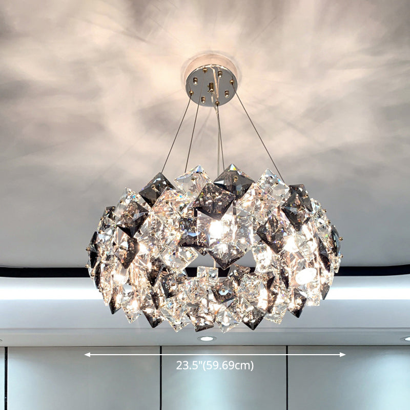 Drum Pendant Ceiling Light Modernist Smoke Grey Crystal Living Room Chandelier Lamp Clearhalo 'Ceiling Lights' 'Chandeliers' 'Modern Chandeliers' 'Modern' Lighting' 2546940