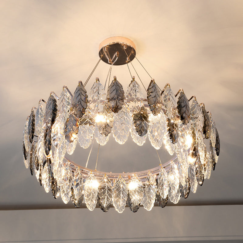 Drum Pendant Ceiling Light Modernist Smoke Grey Crystal Living Room Chandelier Lamp Clearhalo 'Ceiling Lights' 'Chandeliers' 'Modern Chandeliers' 'Modern' Lighting' 2546944