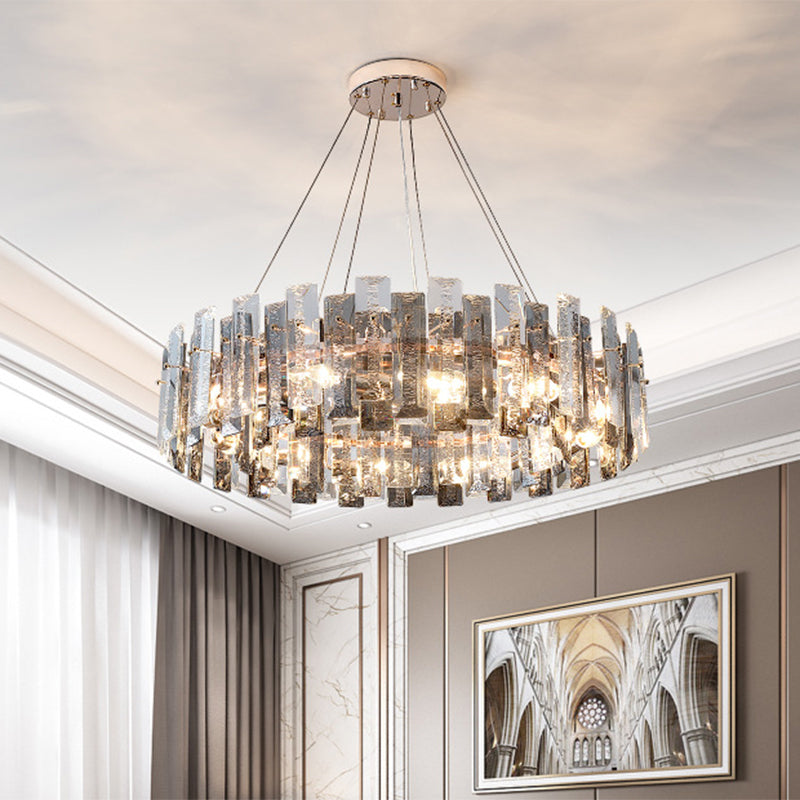 Drum Pendant Ceiling Light Modernist Smoke Grey Crystal Living Room Chandelier Lamp Clearhalo 'Ceiling Lights' 'Chandeliers' 'Modern Chandeliers' 'Modern' Lighting' 2546949