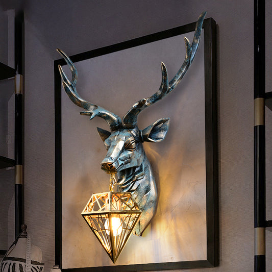 Resin Deer Wall Sconce Lighting Antique Style 1 Light Wall Light with Brass Diamond Shade, 14.5"/19.5" Wide Clearhalo 'Wall Lamps & Sconces' 'Wall Lights' Lighting' 254695