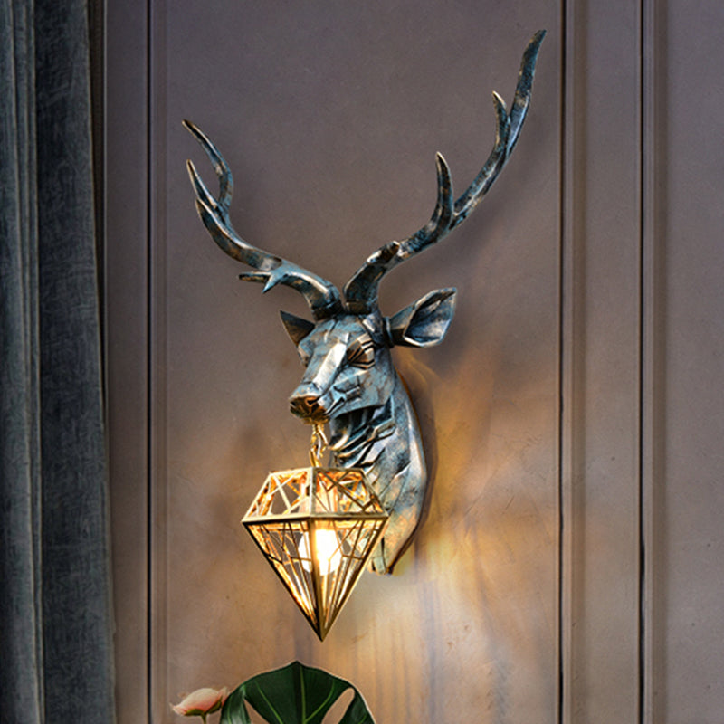 Resin Deer Wall Sconce Lighting Antique Style 1 Light Wall Light with Brass Diamond Shade, 14.5"/19.5" Wide Brass Clearhalo 'Wall Lamps & Sconces' 'Wall Lights' Lighting' 254696