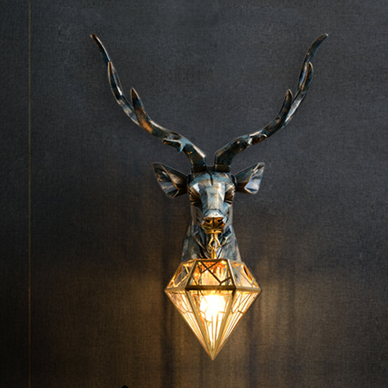 Resin Deer Wall Sconce Lighting Antique Style 1 Light Wall Light with Brass Diamond Shade, 14.5"/19.5" Wide Clearhalo 'Wall Lamps & Sconces' 'Wall Lights' Lighting' 254697