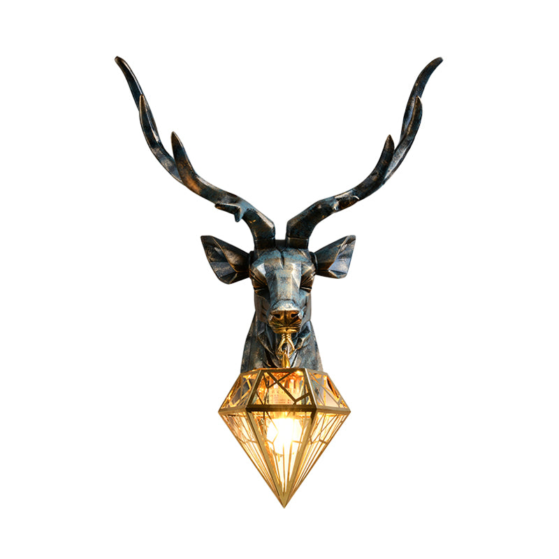 Resin Deer Wall Sconce Lighting Antique Style 1 Light Wall Light with Brass Diamond Shade, 14.5"/19.5" Wide Clearhalo 'Wall Lamps & Sconces' 'Wall Lights' Lighting' 254699