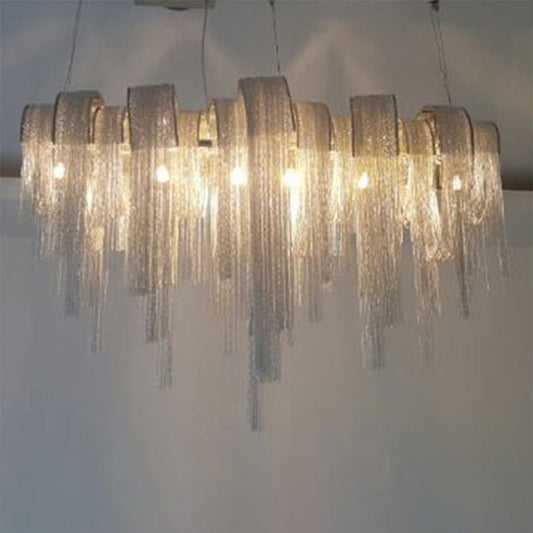 Arch Aluminum Chain Chandelier Postmodern 12-Bulb Silver Suspension Light for Lobby Silver Clearhalo 'Ceiling Lights' 'Island Lights' Lighting' 2547023