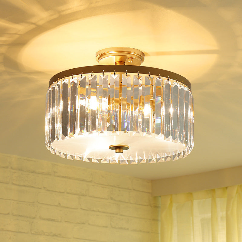 Crystal Drum Flush Mount Simplicity 3 Lights Dining Room Ceiling Lamp in Gold/Silver/Black Gold Clearhalo 'Ceiling Lights' 'Close To Ceiling Lights' 'Close to ceiling' 'Semi-flushmount' Lighting' 254709