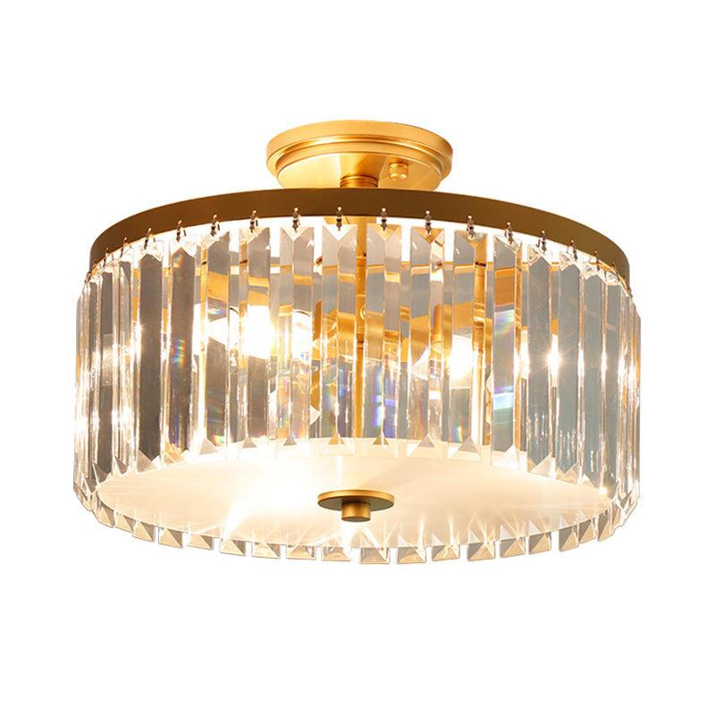 Crystal Drum Flush Mount Simplicity 3 Lights Dining Room Ceiling Lamp in Gold/Silver/Black Clearhalo 'Ceiling Lights' 'Close To Ceiling Lights' 'Close to ceiling' 'Semi-flushmount' Lighting' 254711