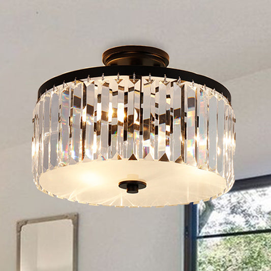 Crystal Drum Flush Mount Simplicity 3 Lights Dining Room Ceiling Lamp in Gold/Silver/Black Black Clearhalo 'Ceiling Lights' 'Close To Ceiling Lights' 'Close to ceiling' 'Semi-flushmount' Lighting' 254712