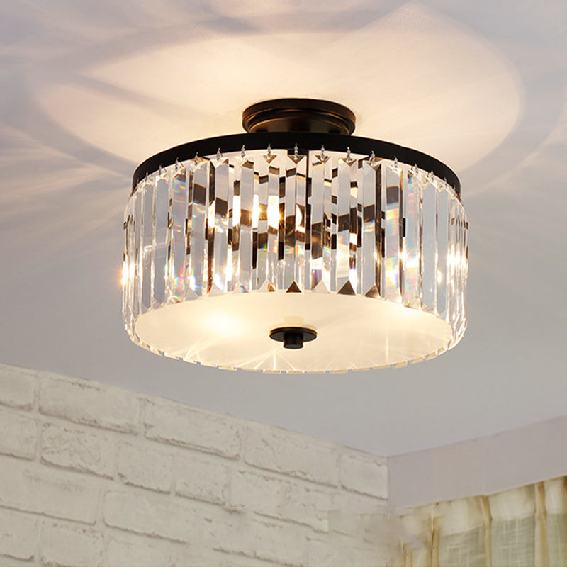 Crystal Drum Flush Mount Simplicity 3 Lights Dining Room Ceiling Lamp in Gold/Silver/Black Clearhalo 'Ceiling Lights' 'Close To Ceiling Lights' 'Close to ceiling' 'Semi-flushmount' Lighting' 254713