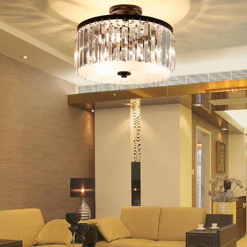 Crystal Drum Flush Mount Simplicity 3 Lights Dining Room Ceiling Lamp in Gold/Silver/Black Clearhalo 'Ceiling Lights' 'Close To Ceiling Lights' 'Close to ceiling' 'Semi-flushmount' Lighting' 254714