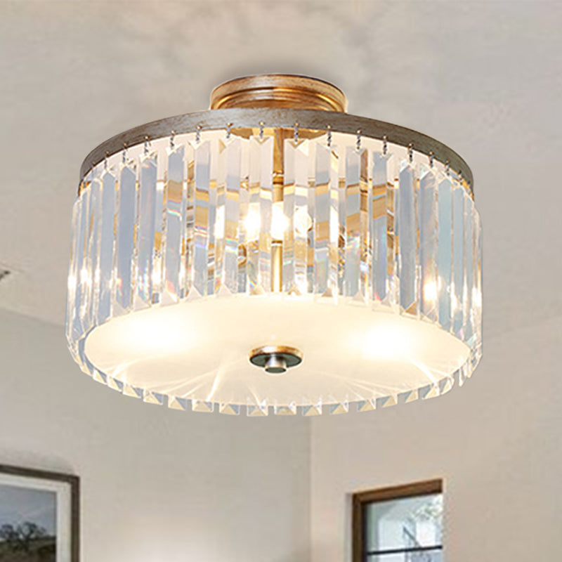 Crystal Drum Flush Mount Simplicity 3 Lights Dining Room Ceiling Lamp in Gold/Silver/Black Silver Clearhalo 'Ceiling Lights' 'Close To Ceiling Lights' 'Close to ceiling' 'Semi-flushmount' Lighting' 254716