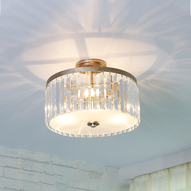 Crystal Drum Flush Mount Simplicity 3 Lights Dining Room Ceiling Lamp in Gold/Silver/Black Clearhalo 'Ceiling Lights' 'Close To Ceiling Lights' 'Close to ceiling' 'Semi-flushmount' Lighting' 254717