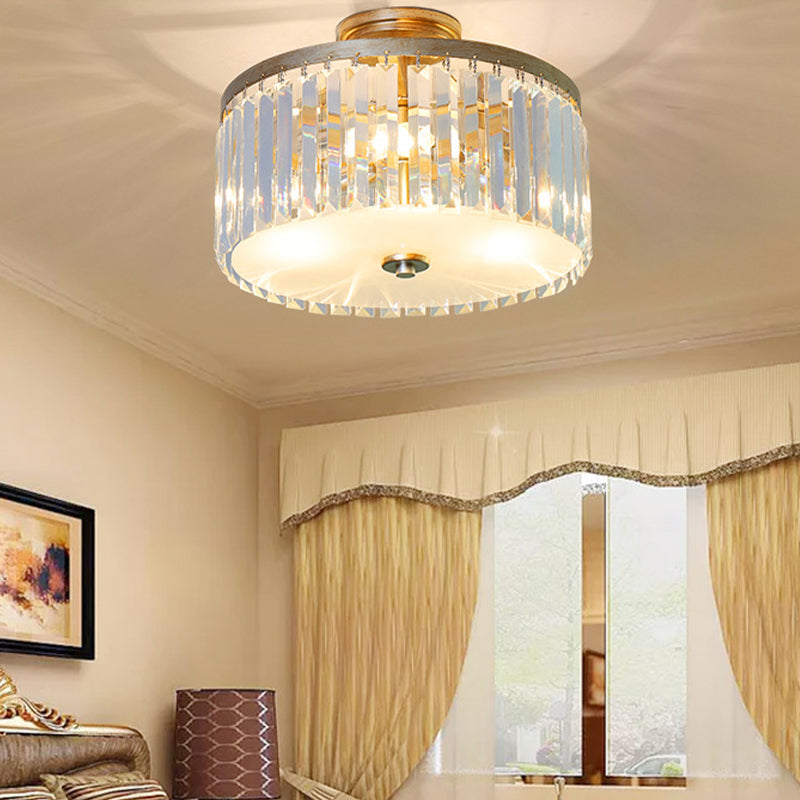 Crystal Drum Flush Mount Simplicity 3 Lights Dining Room Ceiling Lamp in Gold/Silver/Black Clearhalo 'Ceiling Lights' 'Close To Ceiling Lights' 'Close to ceiling' 'Semi-flushmount' Lighting' 254718