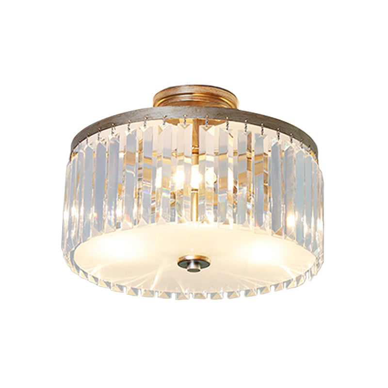 Crystal Drum Flush Mount Simplicity 3 Lights Dining Room Ceiling Lamp in Gold/Silver/Black Clearhalo 'Ceiling Lights' 'Close To Ceiling Lights' 'Close to ceiling' 'Semi-flushmount' Lighting' 254719