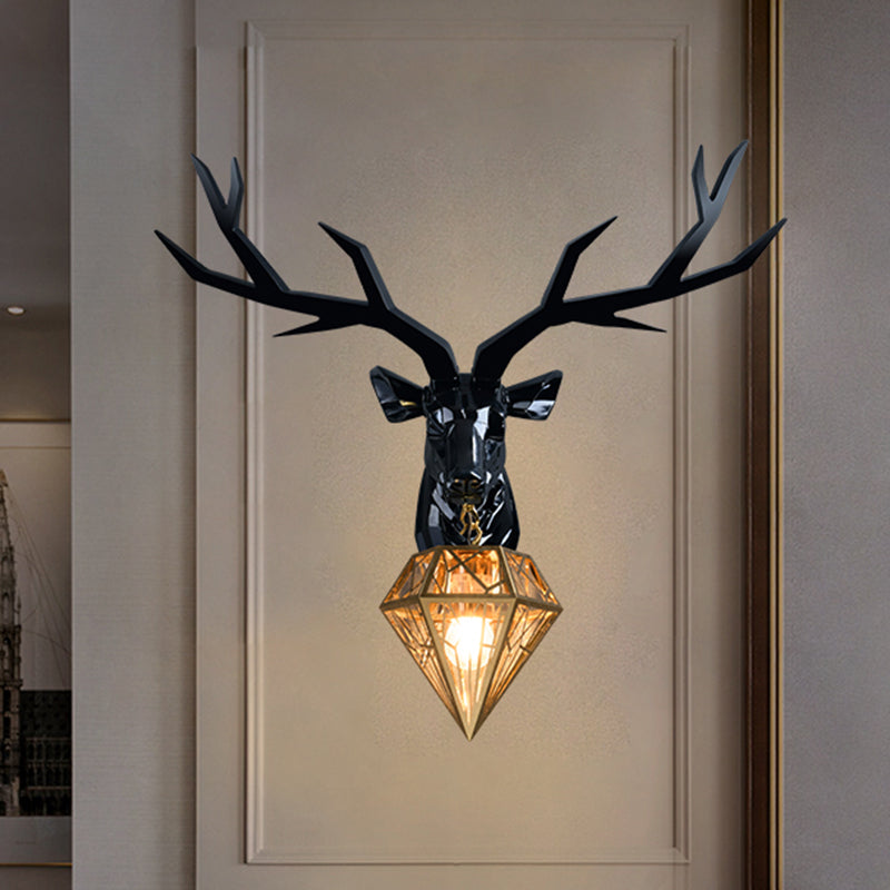 Resin Deer Wall Light Traditional 14.5"/19.5" Wide 1 Light White/Black Sconce Light with Diamond Metal Shade Clearhalo 'Wall Lamps & Sconces' 'Wall Lights' Lighting' 254722