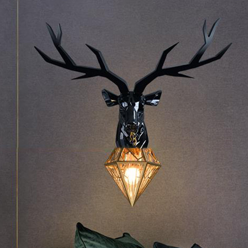 Resin Deer Wall Light Traditional 14.5"/19.5" Wide 1 Light White/Black Sconce Light with Diamond Metal Shade Black Clearhalo 'Wall Lamps & Sconces' 'Wall Lights' Lighting' 254723