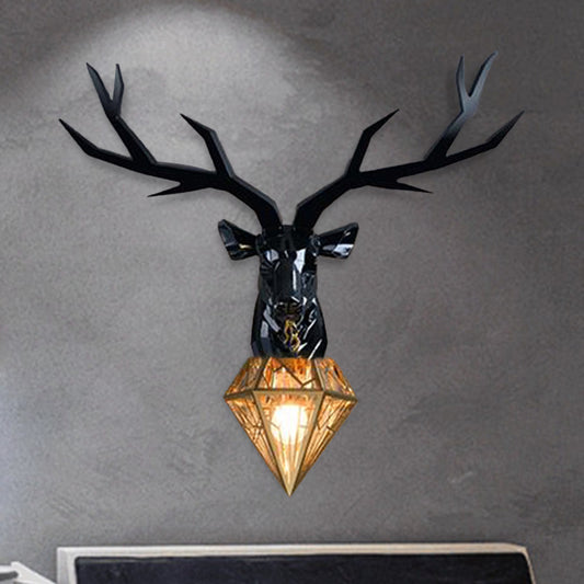 Resin Deer Wall Light Traditional 14.5"/19.5" Wide 1 Light White/Black Sconce Light with Diamond Metal Shade Clearhalo 'Wall Lamps & Sconces' 'Wall Lights' Lighting' 254724