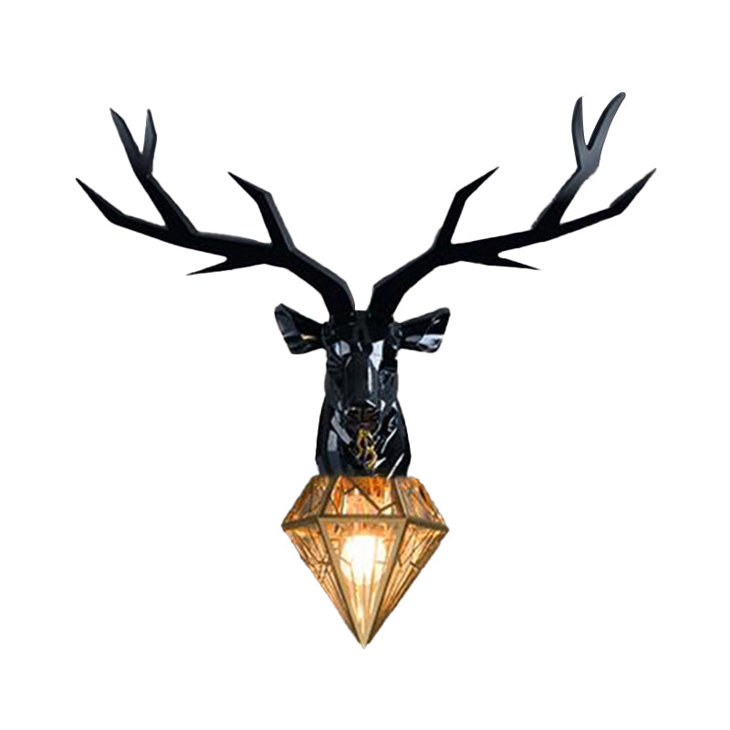 Resin Deer Wall Light Traditional 14.5"/19.5" Wide 1 Light White/Black Sconce Light with Diamond Metal Shade Clearhalo 'Wall Lamps & Sconces' 'Wall Lights' Lighting' 254726