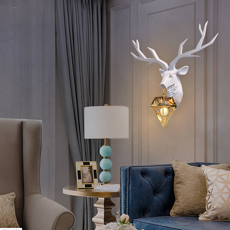 Resin Deer Wall Light Traditional 14.5"/19.5" Wide 1 Light White/Black Sconce Light with Diamond Metal Shade Clearhalo 'Wall Lamps & Sconces' 'Wall Lights' Lighting' 254727