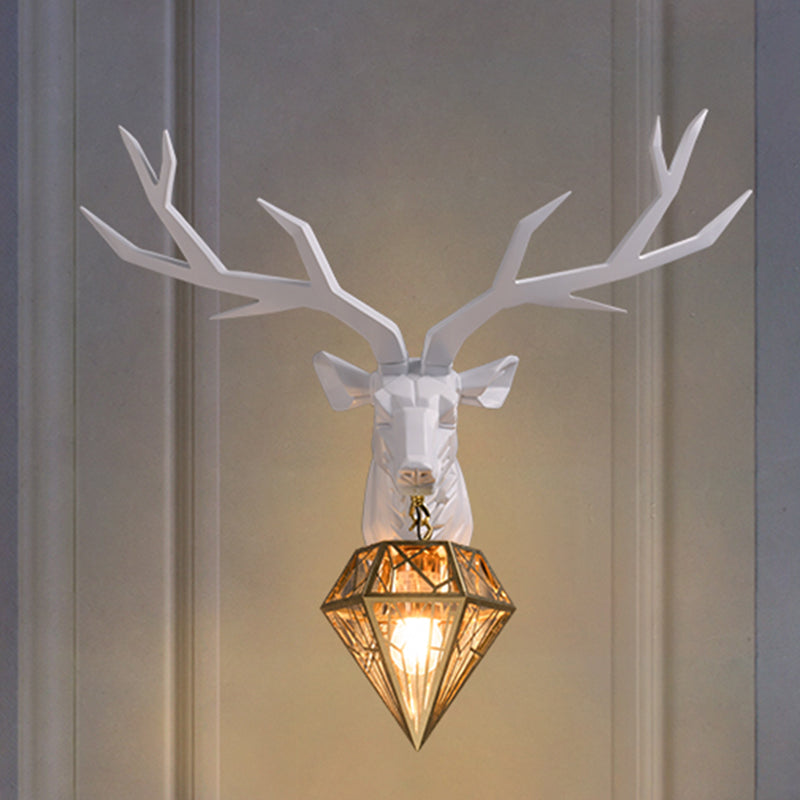 Resin Deer Wall Light Traditional 14.5"/19.5" Wide 1 Light White/Black Sconce Light with Diamond Metal Shade White Clearhalo 'Wall Lamps & Sconces' 'Wall Lights' Lighting' 254728