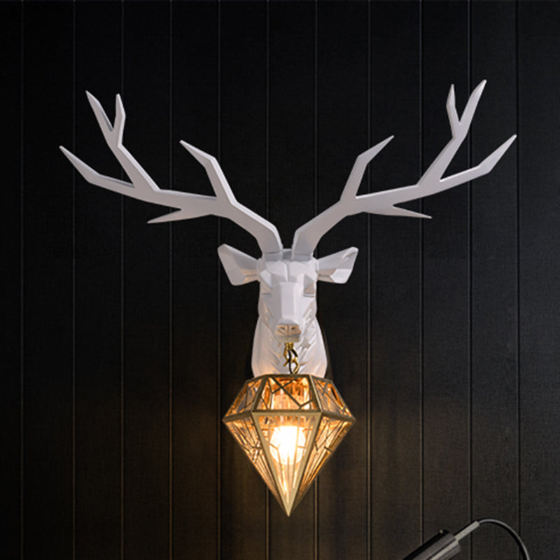 Resin Deer Wall Light Traditional 14.5"/19.5" Wide 1 Light White/Black Sconce Light with Diamond Metal Shade Clearhalo 'Wall Lamps & Sconces' 'Wall Lights' Lighting' 254729