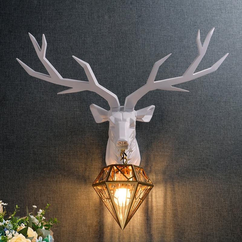 Resin Deer Wall Light Traditional 14.5"/19.5" Wide 1 Light White/Black Sconce Light with Diamond Metal Shade Clearhalo 'Wall Lamps & Sconces' 'Wall Lights' Lighting' 254730