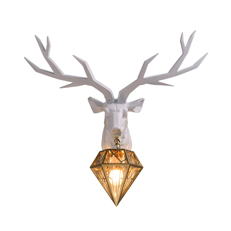 Resin Deer Wall Light Traditional 14.5"/19.5" Wide 1 Light White/Black Sconce Light with Diamond Metal Shade Clearhalo 'Wall Lamps & Sconces' 'Wall Lights' Lighting' 254731