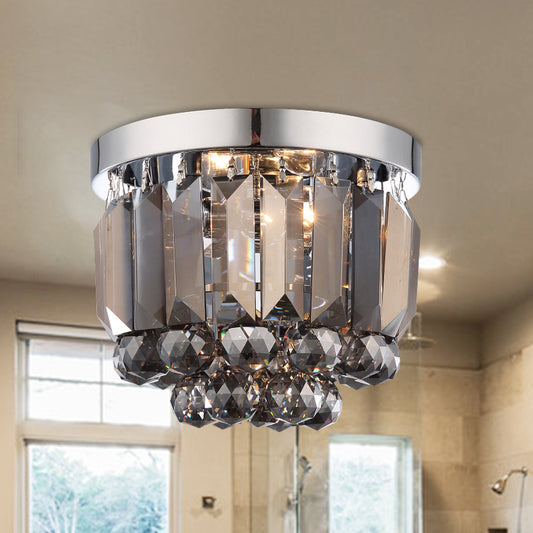 Clear/Smoke Gray/Cognac Crystal Round Mini Flush Light Simple 2-Light Corridor Flush Ceiling Light Fixture Smoke Gray Clearhalo 'Ceiling Lights' 'Close To Ceiling Lights' 'Close to ceiling' 'Flush mount' Lighting' 254741