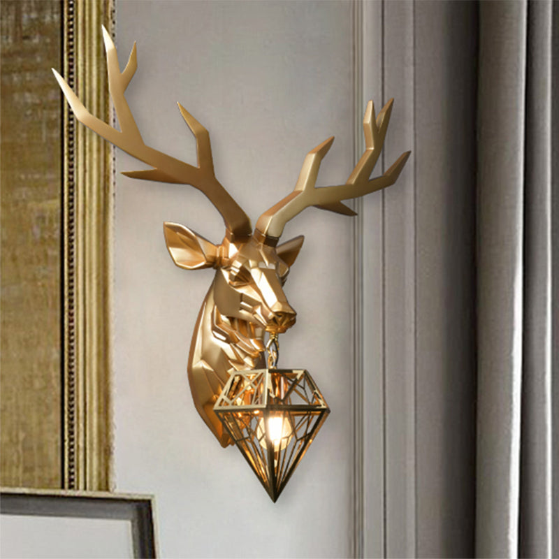 Vintage Brass Deer Resin Sconce Light 14.5"/19.5" Wide 1 Light Wall Mount Light with Diamond Metal Shade Brass Clearhalo 'Wall Lamps & Sconces' 'Wall Lights' Lighting' 254765