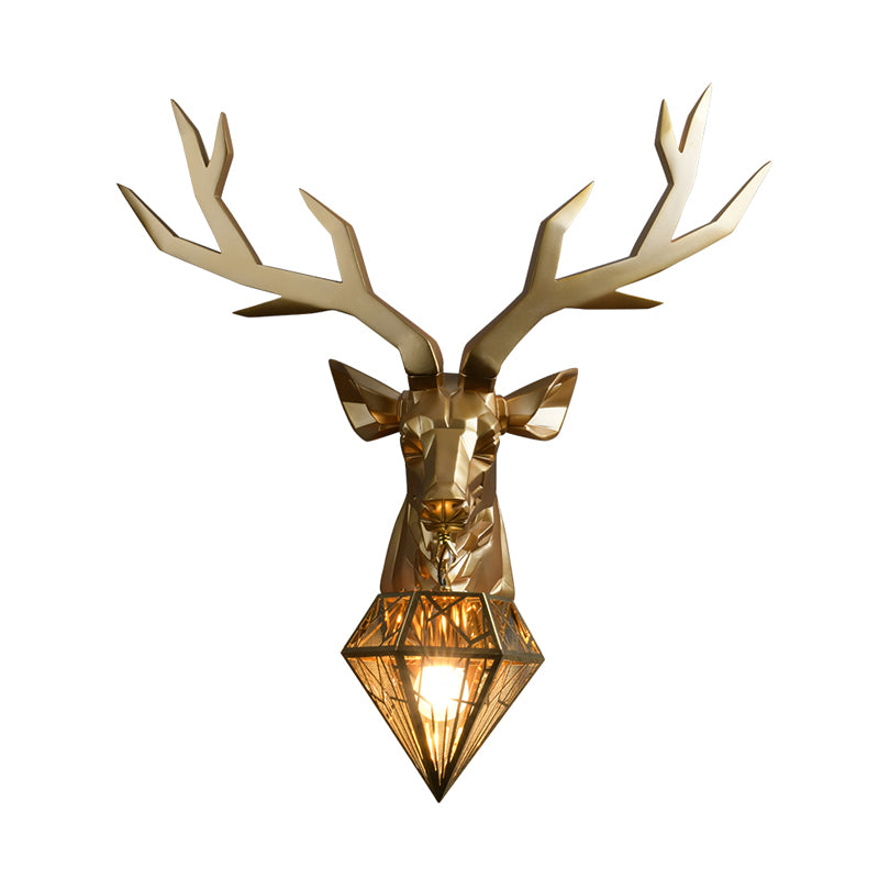 Vintage Brass Deer Resin Sconce Light 14.5"/19.5" Wide 1 Light Wall Mount Light with Diamond Metal Shade Clearhalo 'Wall Lamps & Sconces' 'Wall Lights' Lighting' 254768