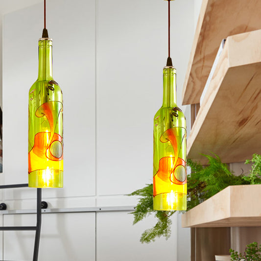 1 Light Bottle Hanging Lamp Industrial Style Red/Yellow Glass Suspended Light with Pattern for Restaurant Green Clearhalo 'Ceiling Lights' 'Glass shade' 'Glass' 'Industrial Pendants' 'Industrial' 'Middle Century Pendants' 'Pendant Lights' 'Pendants' 'Tiffany' Lighting' 254778