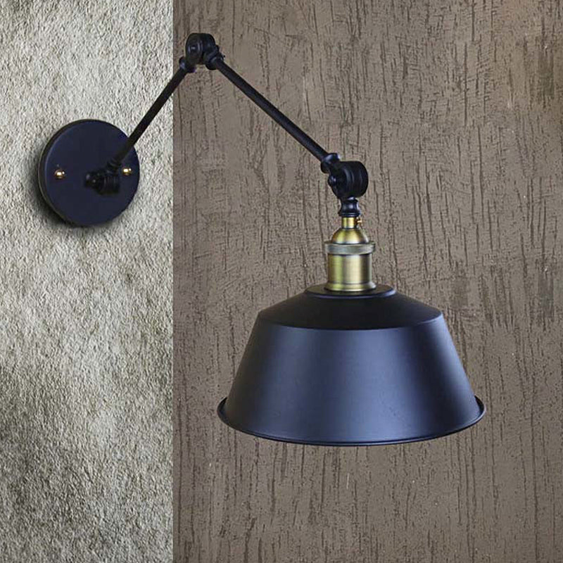 Retro Swing Arm Sconce Lighting 1 Head Metallic Wall Light Fixture with Tapered Shade in Black for Corridor Clearhalo 'Art deco wall lights' 'Cast Iron' 'Glass' 'Industrial wall lights' 'Industrial' 'Middle century wall lights' 'Modern' 'Rustic wall lights' 'Tiffany' 'Traditional wall lights' 'Wall Lamps & Sconces' 'Wall Lights' Lighting' 254815