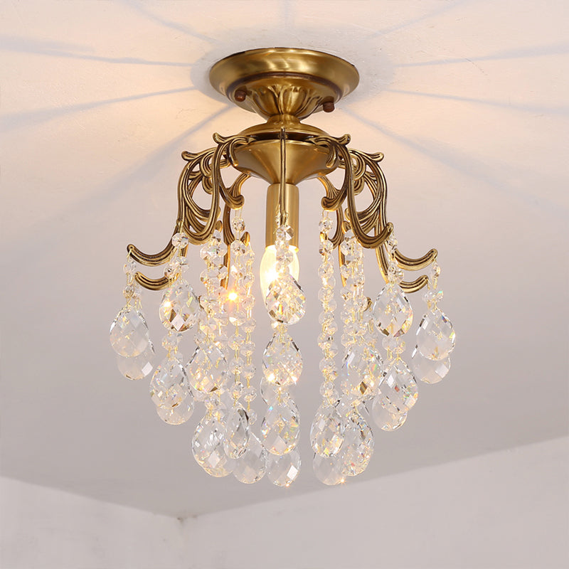 Curved Semi Flush Mount Light Traditional 1-Light Metal Flushmount Ceiling Fixture with Clear/Cognac Crystal Droplet Clear Clearhalo 'Ceiling Lights' 'Close To Ceiling Lights' 'Close to ceiling' 'Semi-flushmount' Lighting' 254816