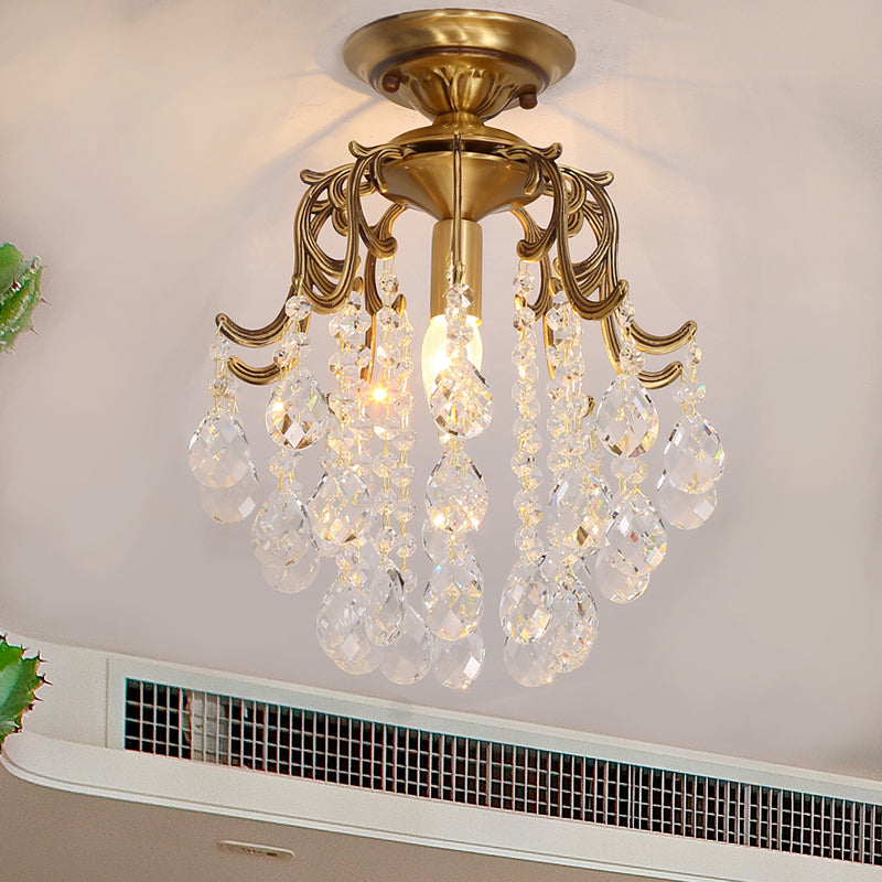 Curved Semi Flush Mount Light Traditional 1-Light Metal Flushmount Ceiling Fixture with Clear/Cognac Crystal Droplet Clearhalo 'Ceiling Lights' 'Close To Ceiling Lights' 'Close to ceiling' 'Semi-flushmount' Lighting' 254817