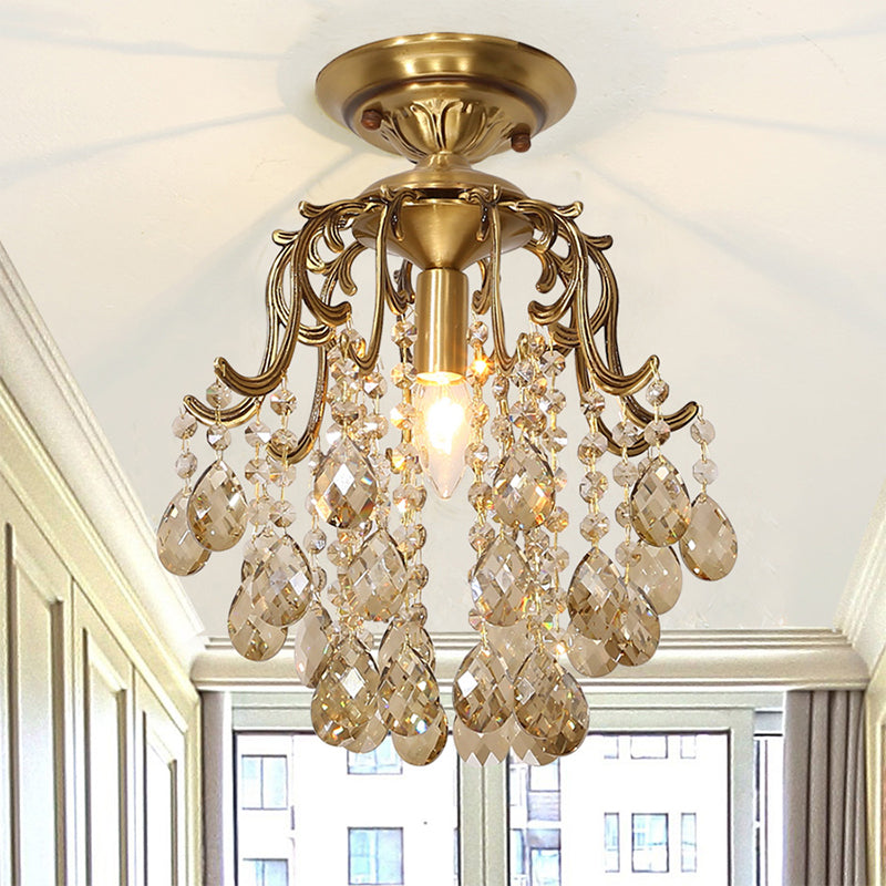 Curved Semi Flush Mount Light Traditional 1-Light Metal Flushmount Ceiling Fixture with Clear/Cognac Crystal Droplet Cognac Clearhalo 'Ceiling Lights' 'Close To Ceiling Lights' 'Close to ceiling' 'Semi-flushmount' Lighting' 254821