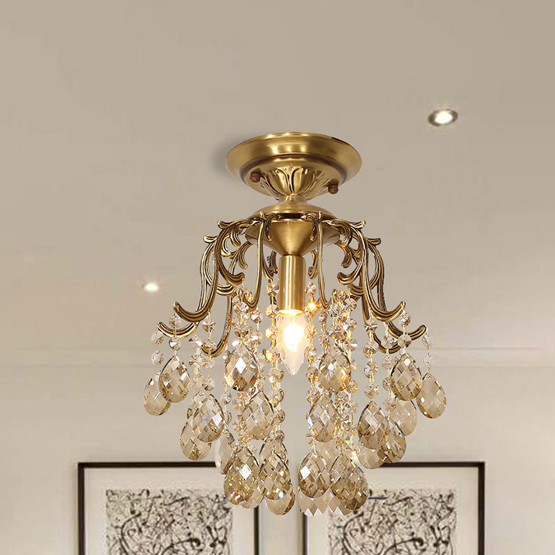 Curved Semi Flush Mount Light Traditional 1-Light Metal Flushmount Ceiling Fixture with Clear/Cognac Crystal Droplet Clearhalo 'Ceiling Lights' 'Close To Ceiling Lights' 'Close to ceiling' 'Semi-flushmount' Lighting' 254822