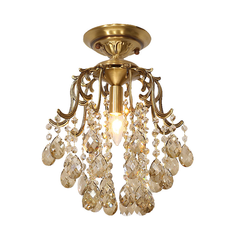 Curved Semi Flush Mount Light Traditional 1-Light Metal Flushmount Ceiling Fixture with Clear/Cognac Crystal Droplet Clearhalo 'Ceiling Lights' 'Close To Ceiling Lights' 'Close to ceiling' 'Semi-flushmount' Lighting' 254823