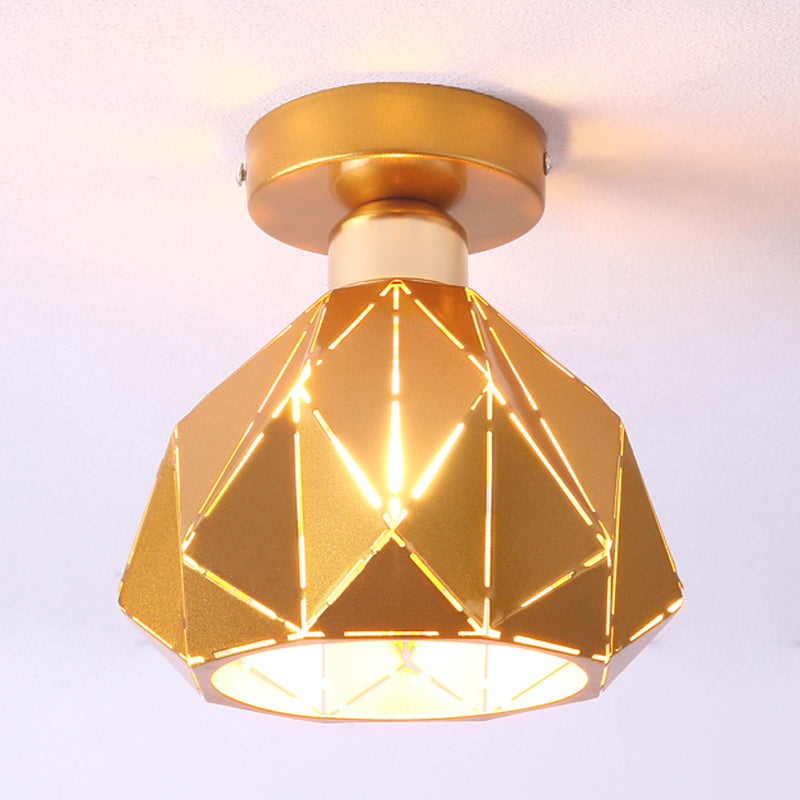 Hollow Polyhedron Balcony Porch Ceiling Mount Light Metal One Light Ceiling Lamp Gold Clearhalo 'Ceiling Lights' 'Close To Ceiling Lights' 'Close to ceiling' 'Semi-flushmount' Lighting' 254883