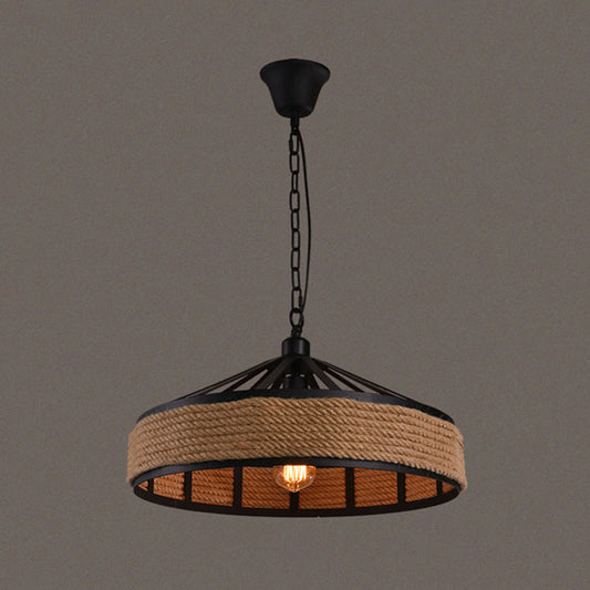 Drum Metal Pendant Light Industrial 1 Light Rope Hanging Lamp in Black Black Clearhalo 'Ceiling Lights' 'Industrial Pendants' 'Industrial' 'Middle Century Pendants' 'Pendant Lights' 'Pendants' 'Tiffany' Lighting' 2549002