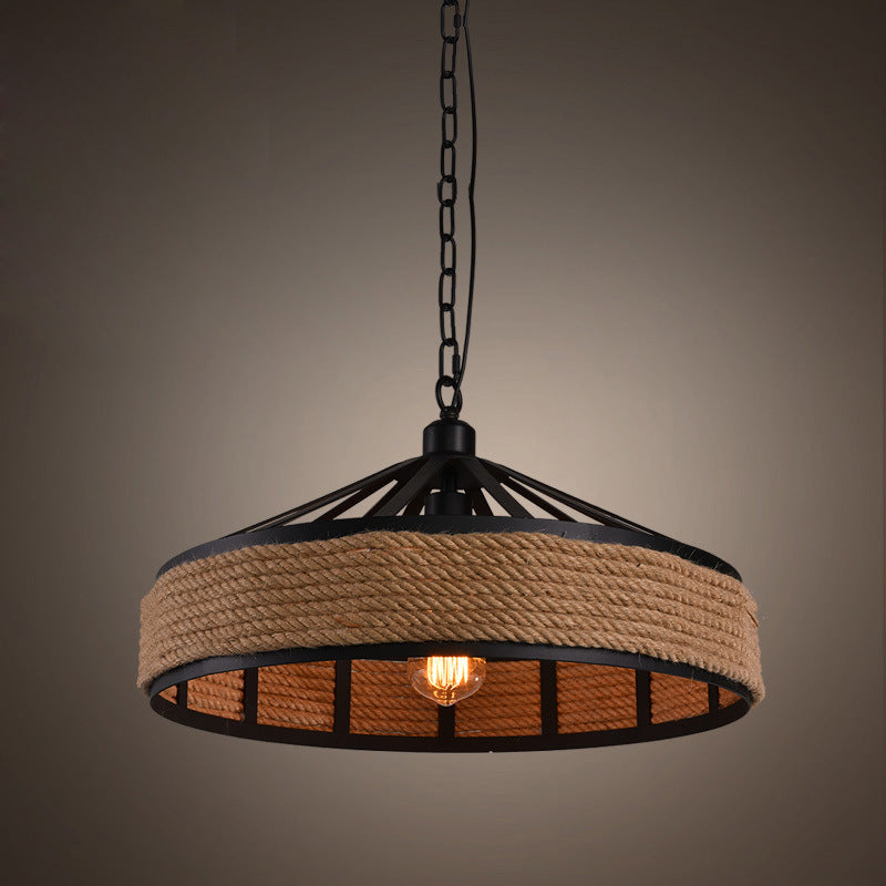 Drum Metal Pendant Light Industrial 1 Light Rope Hanging Lamp in Black Clearhalo 'Ceiling Lights' 'Industrial Pendants' 'Industrial' 'Middle Century Pendants' 'Pendant Lights' 'Pendants' 'Tiffany' Lighting' 2549003