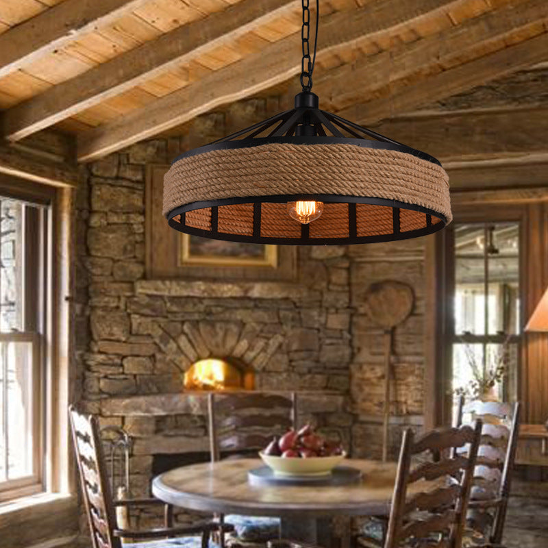 Drum Metal Pendant Light Industrial 1 Light Rope Hanging Lamp in Black Clearhalo 'Ceiling Lights' 'Industrial Pendants' 'Industrial' 'Middle Century Pendants' 'Pendant Lights' 'Pendants' 'Tiffany' Lighting' 2549004