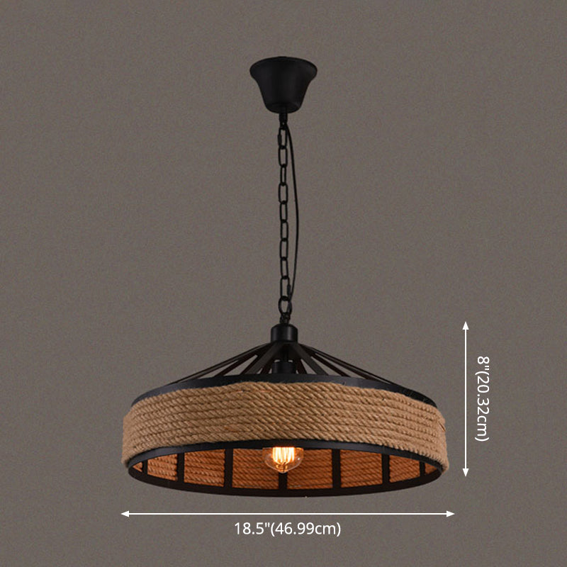 Drum Metal Pendant Light Industrial 1 Light Rope Hanging Lamp in Black Clearhalo 'Ceiling Lights' 'Industrial Pendants' 'Industrial' 'Middle Century Pendants' 'Pendant Lights' 'Pendants' 'Tiffany' Lighting' 2549006